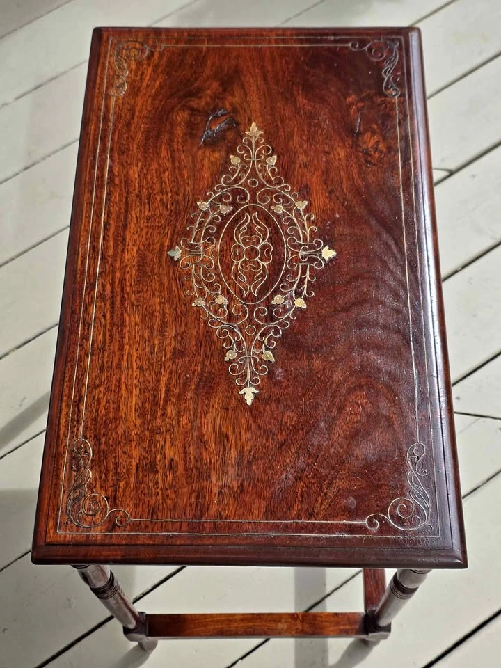 Vintage Brass Inlay Wooden Side Table