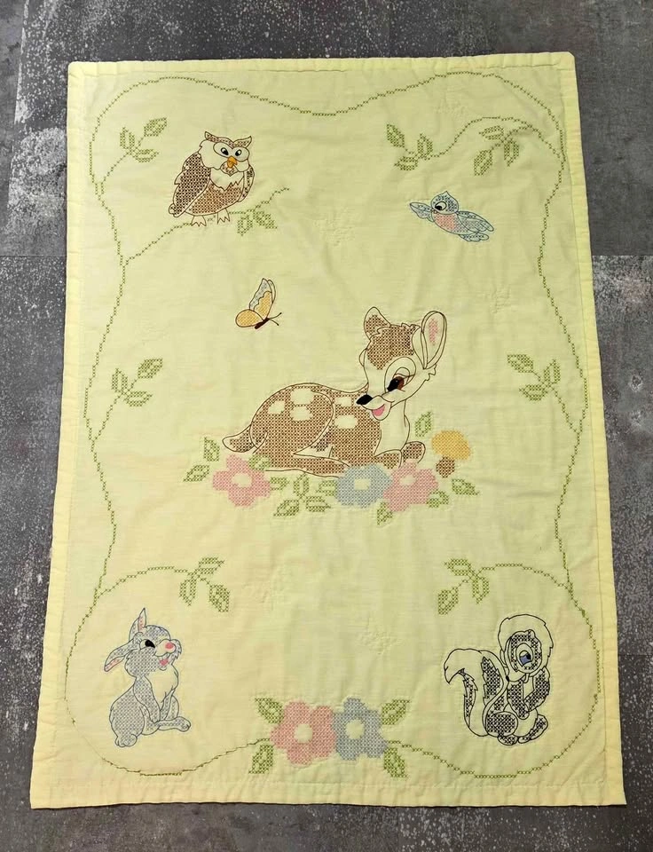 Vintage 1970s Disney Bambi & Friends Hand Cross-Stitch Quilt