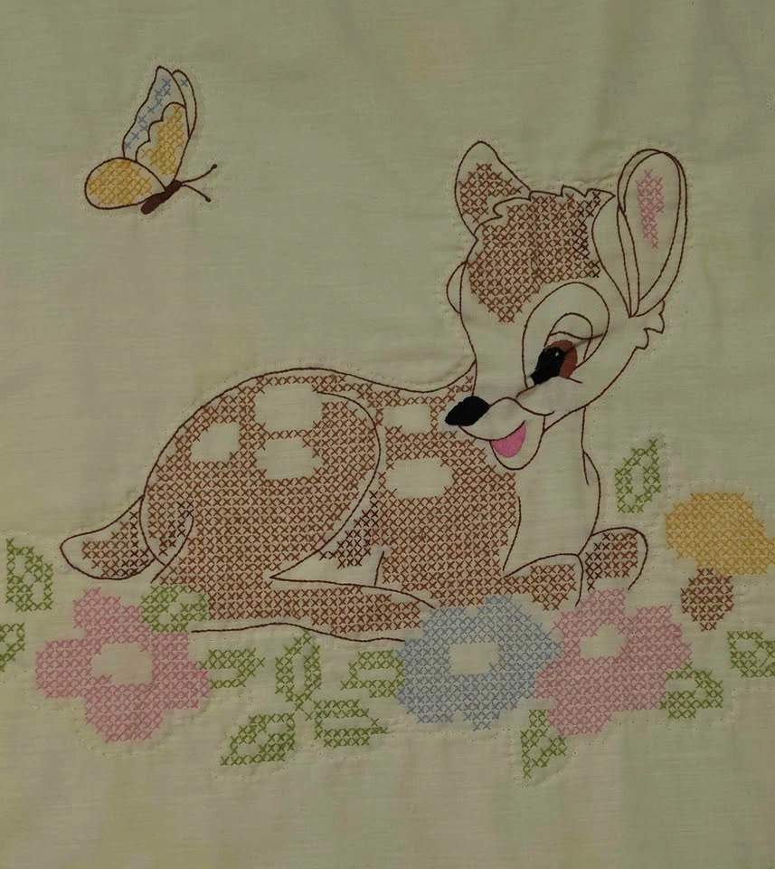 Vintage 1970s Disney Bambi & Friends Hand Cross-Stitch Quilt - photo 2