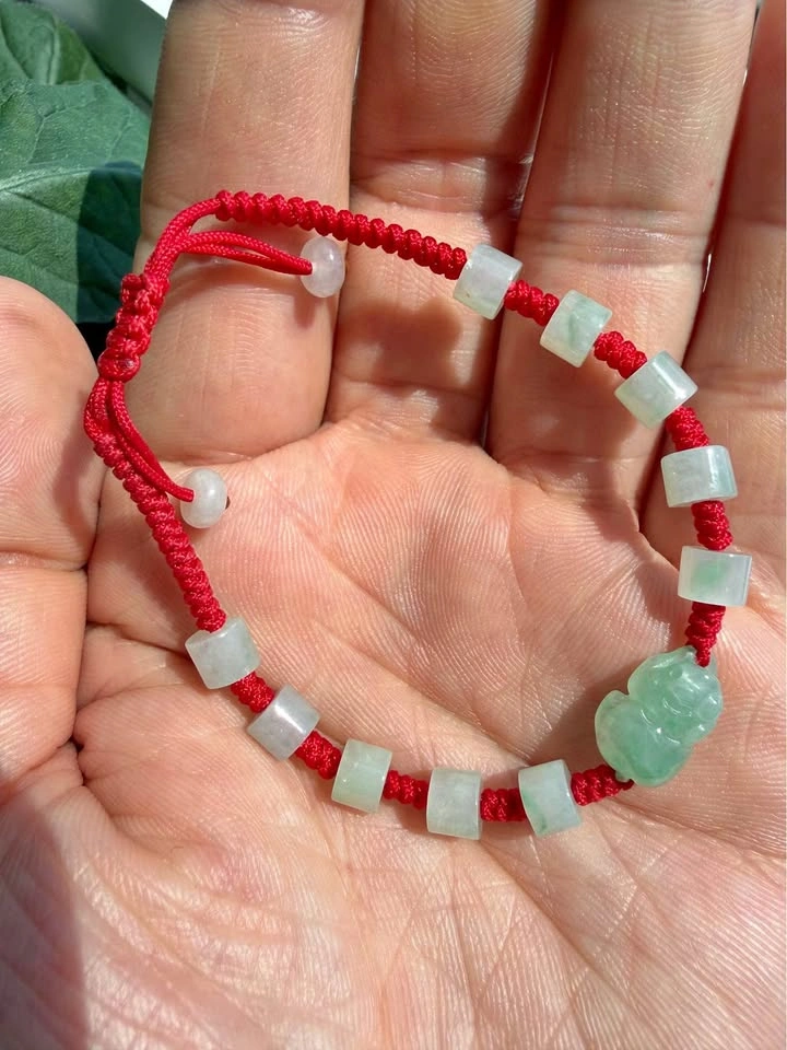 Type A Jadeite Pixiu & Barrel Bead Red Cord Bracelet
