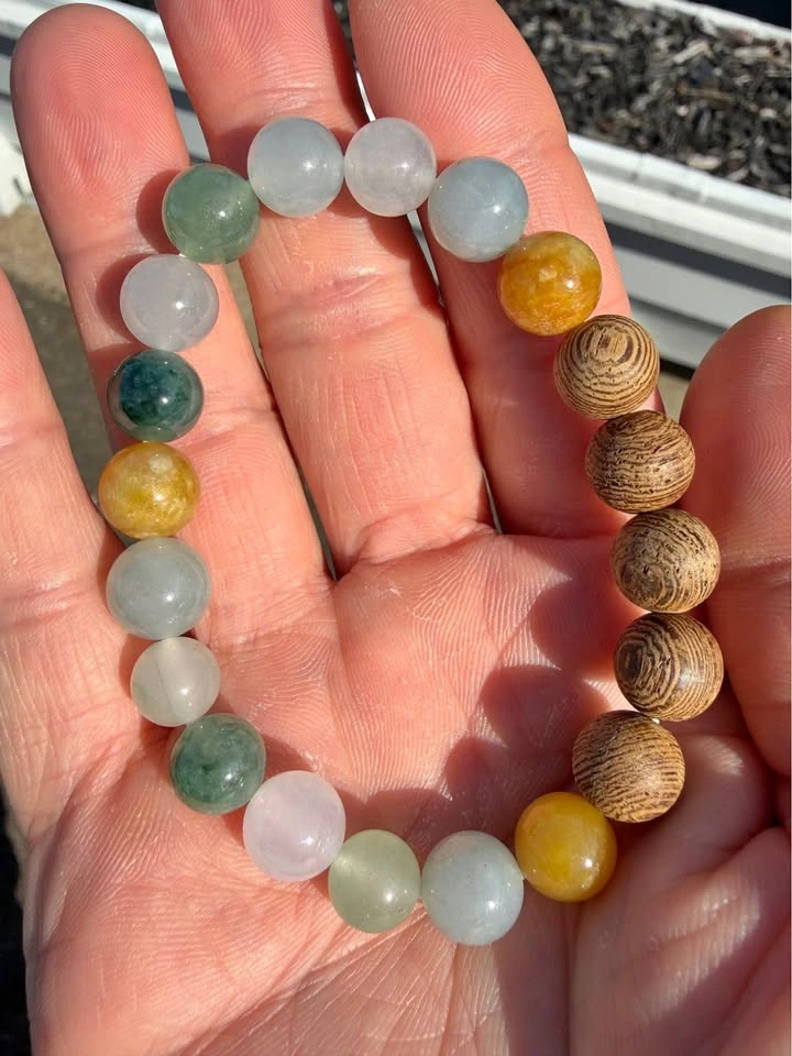 Type A Icy Multicolor Jadeite & Wood Bracelet