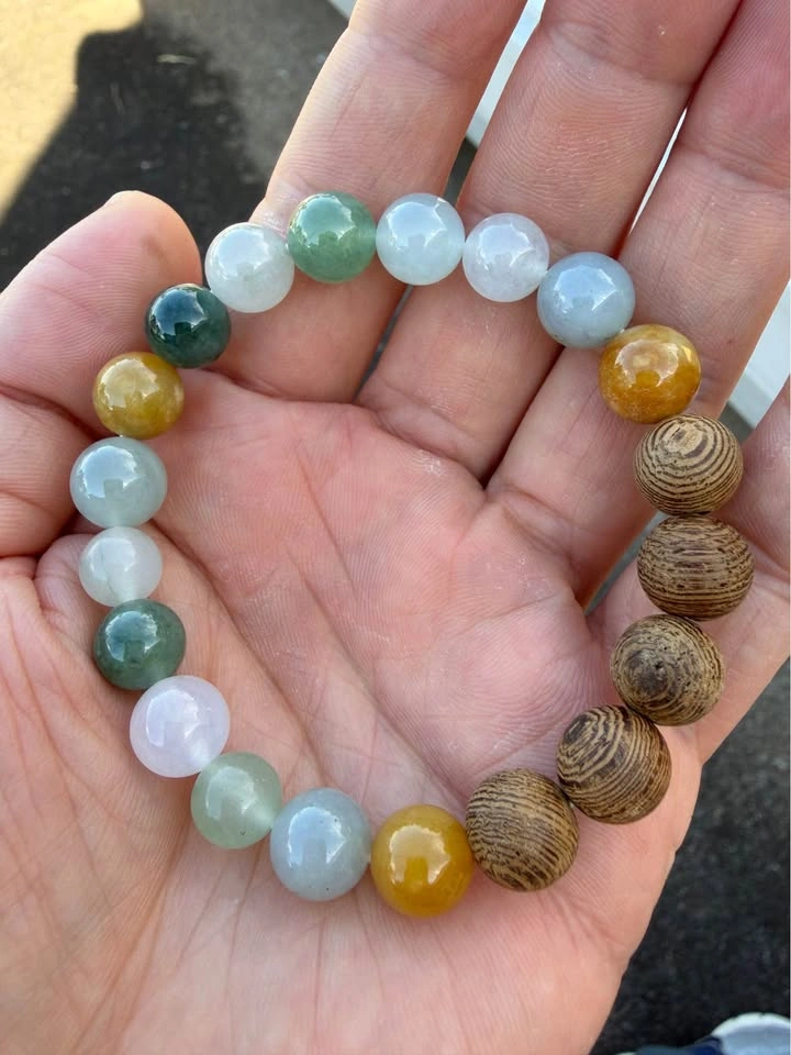 Type A Icy Multicolor Jadeite & Wood Bracelet - photo 2