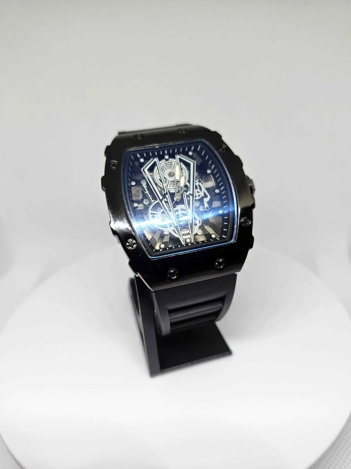 Black Tonneau Skeleton Mechanical Watch