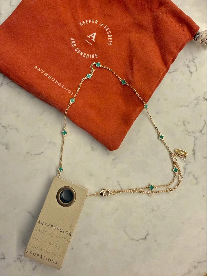 Anthropologie Serefina 14K Gold Plated Green Clover Necklace