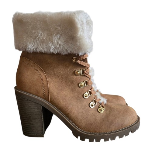 G by Guess Heeled Boots Womens Size 10M Tan Faux Fur Cuffs 🏈