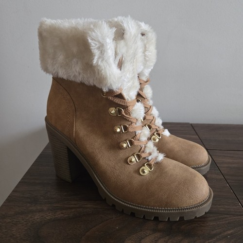 G by Guess Heeled Boots Womens Size 10M Tan Faux Fur Cuffs 🏈 - photo 3