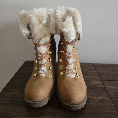 G by Guess Heeled Boots Womens Size 10M Tan Faux Fur Cuffs 🏈 - photo 4