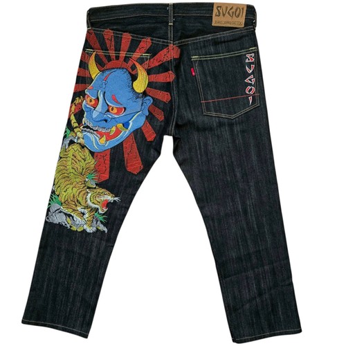 Rare Vintage SUGOI Jeans Mens Size 34x28 Dark Blue Tiger Oni 🏈