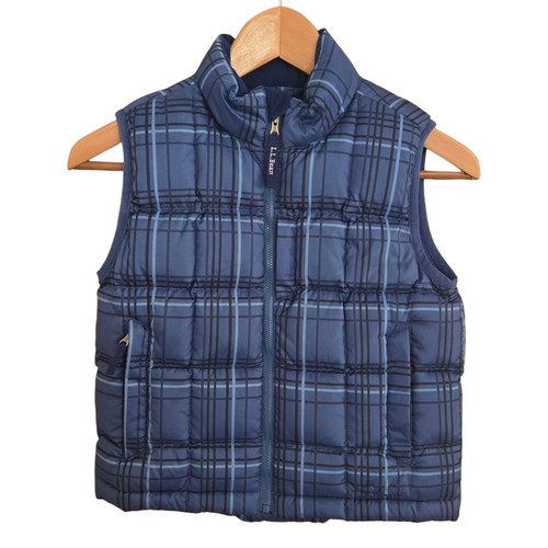 L.L. Bean Puffer Vest Kids M 5-6 Blue Plaid Full Zip Down