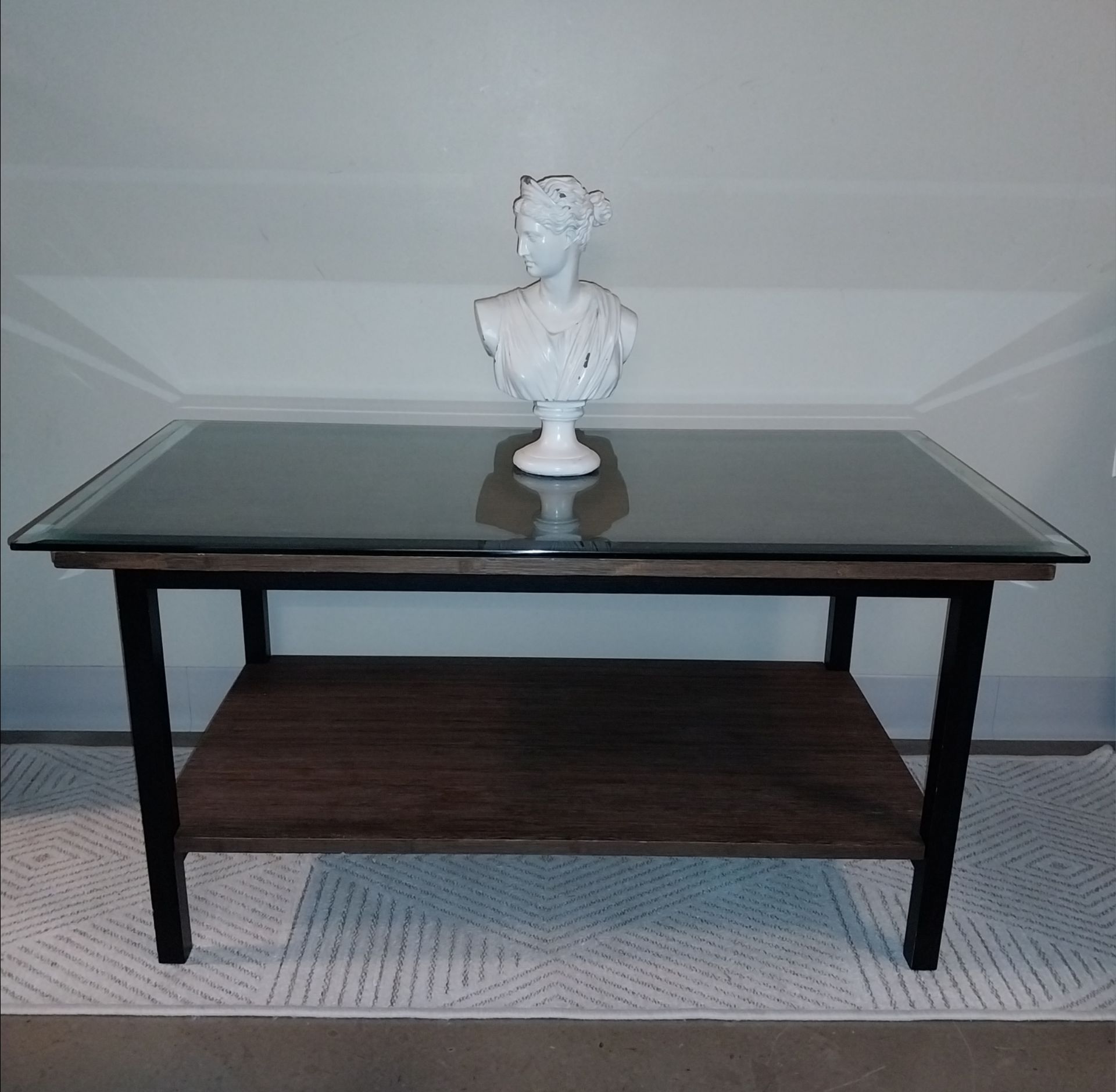 Modern Glass Coffee Table – Black Metal & Wood Shelf