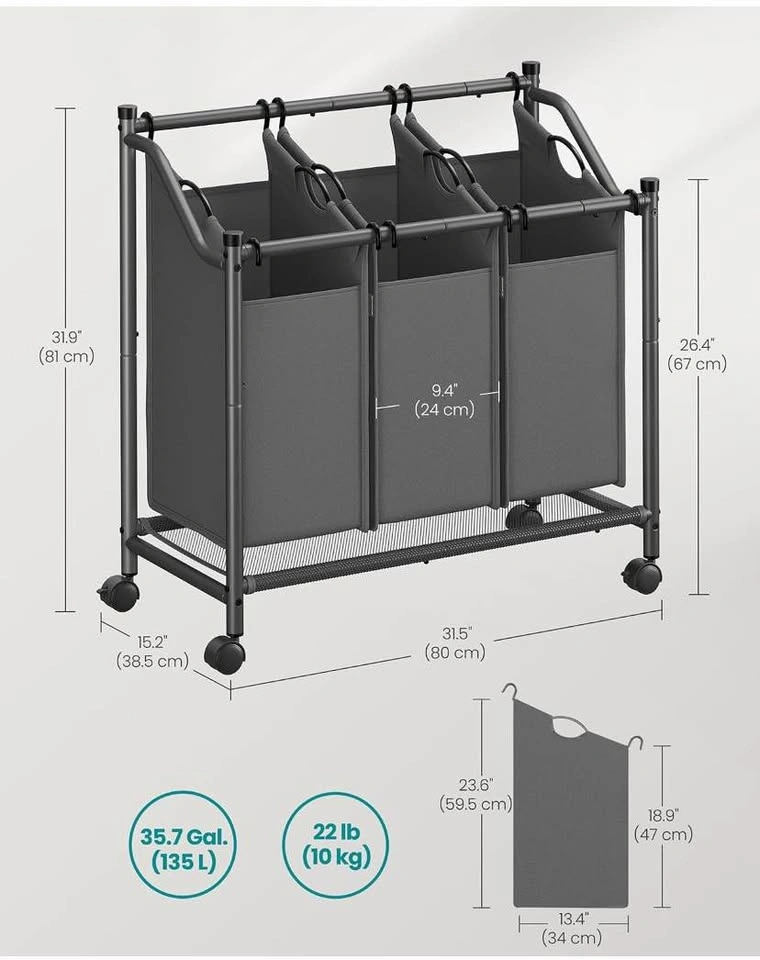 3-Bag Laundry Sorter | Laundry Hamper with Wheels - photo 3