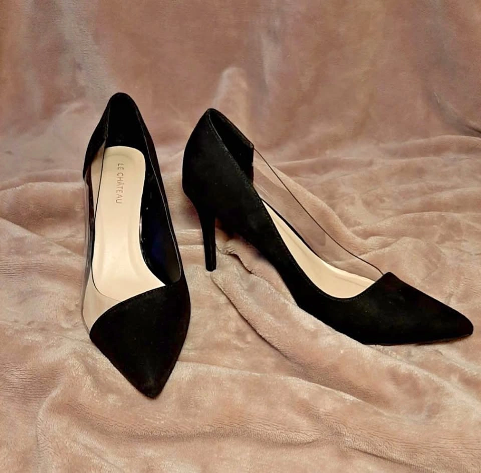 8.5 LeChateau black suede clear side high heels