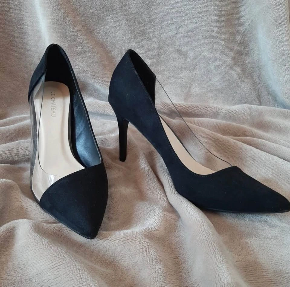 8.5 LeChateau black suede clear side high heels - photo 2