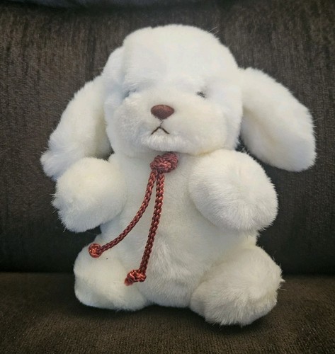 Vintage 1982 Gund Puppy White with Mauve Bow 7" Plush Baby Rattl