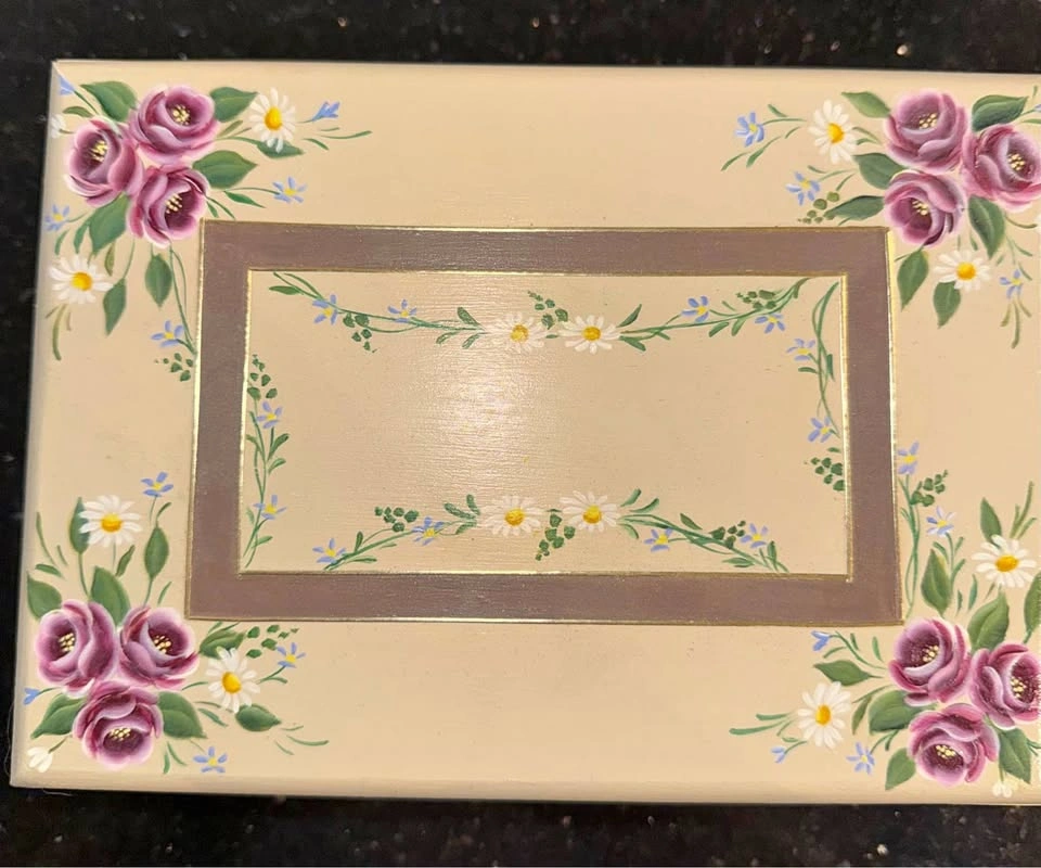 Wooden Jewelry storage box. Hand painted 8 x 6” new.