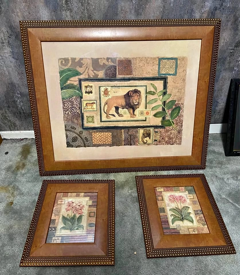 Framed Art Set 3 pieces. Large one is 34 x 28 inches.