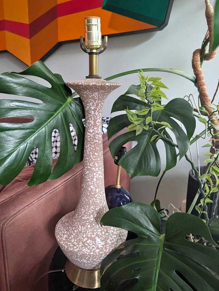 (2) vintage pale pink with paint splotch effect lamp bases