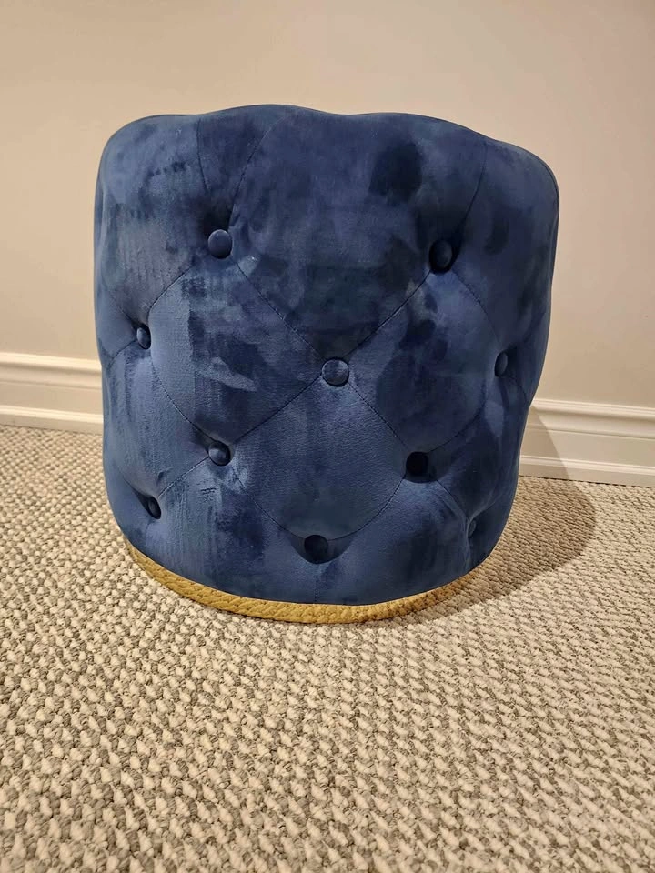 Navy Blue Velvet Tufted Ottoman with Gold Base