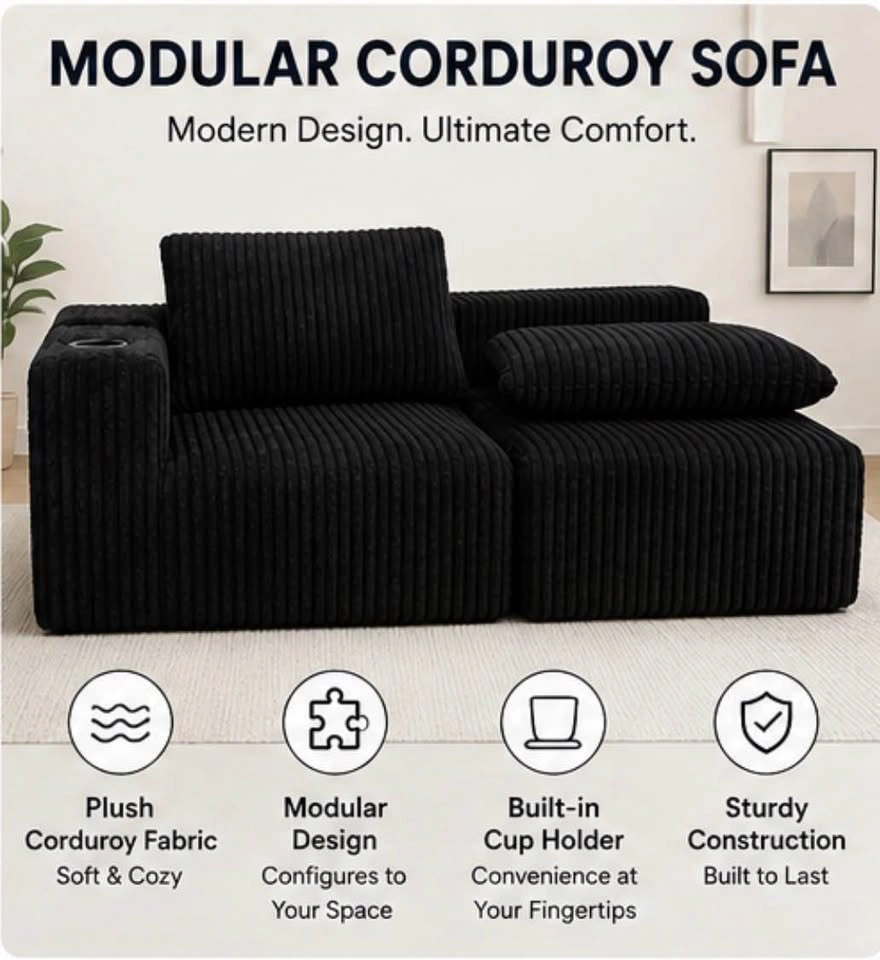 🛋️ BRAND NEW MODULAR CORDUROY SOFA – BLACK - photo 2