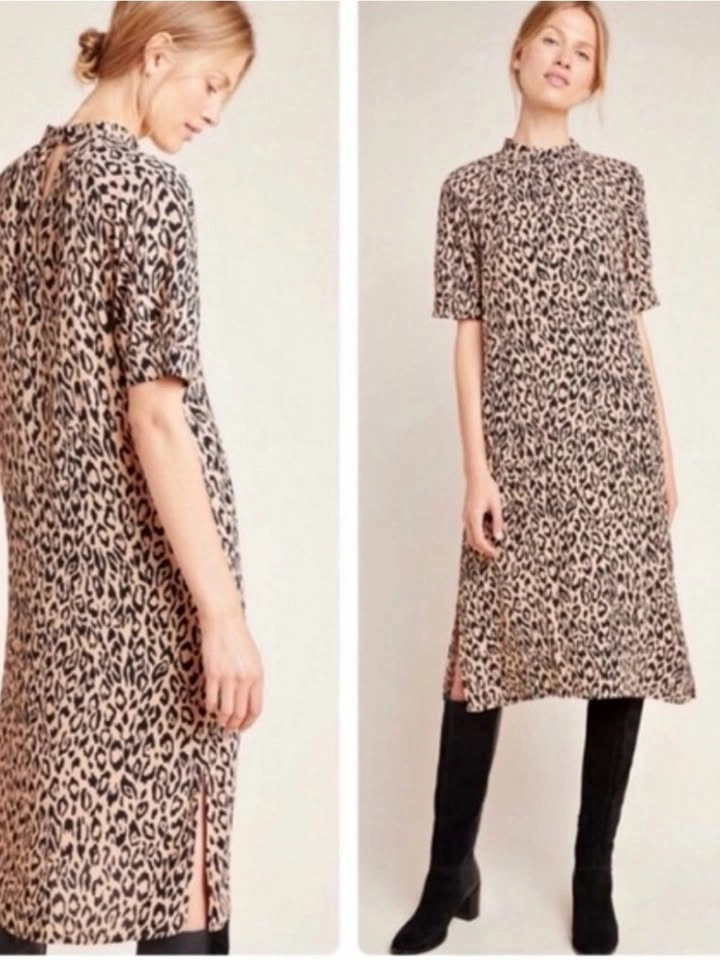Anthropologie Leopard Print Midi Dress Side Slits Lined Size Sma