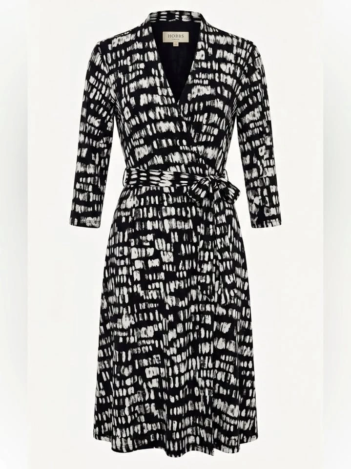 Hobbs London Midi Black White Abstract Geometric Wrap Dress US 1