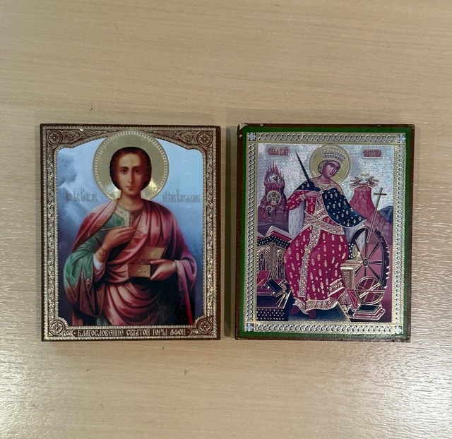 Pair of Russian Orthodox Icons - St. Panteleimon and St. Cat