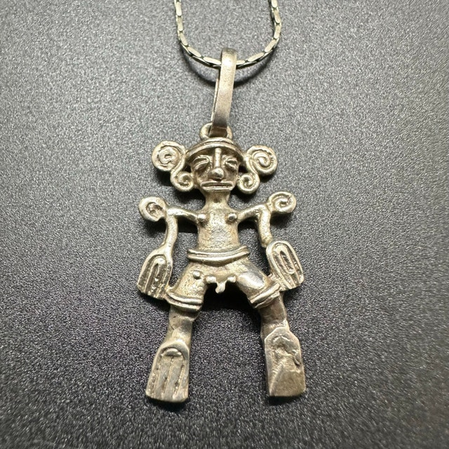 Silver Aztec Fertility Gods Figure Pendant Necklace - photo 3