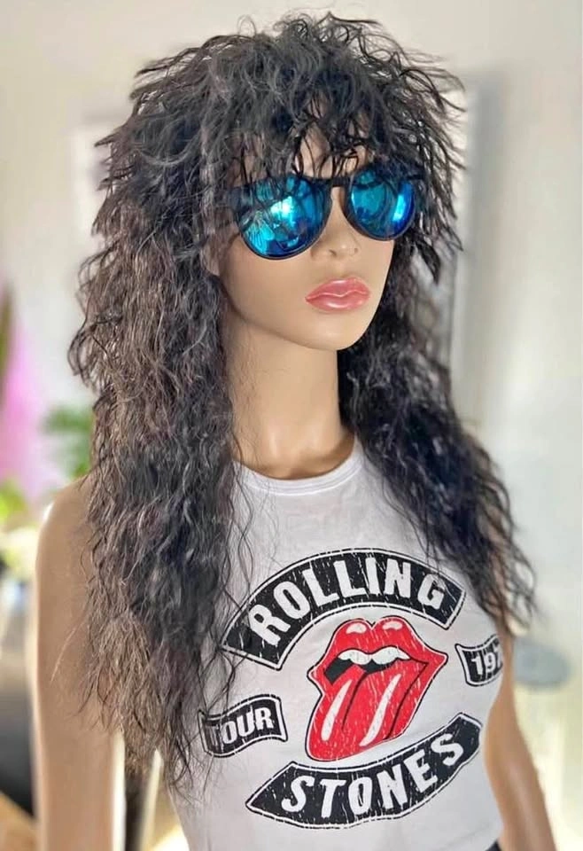 🏈 NEW 24” Black Wavy 70s 80s Rocker Mullet Cosplay Costume Wig