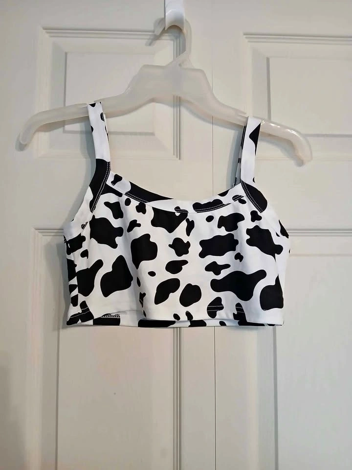 Shein White and Black Cow Print Polyester Crop Top Size M