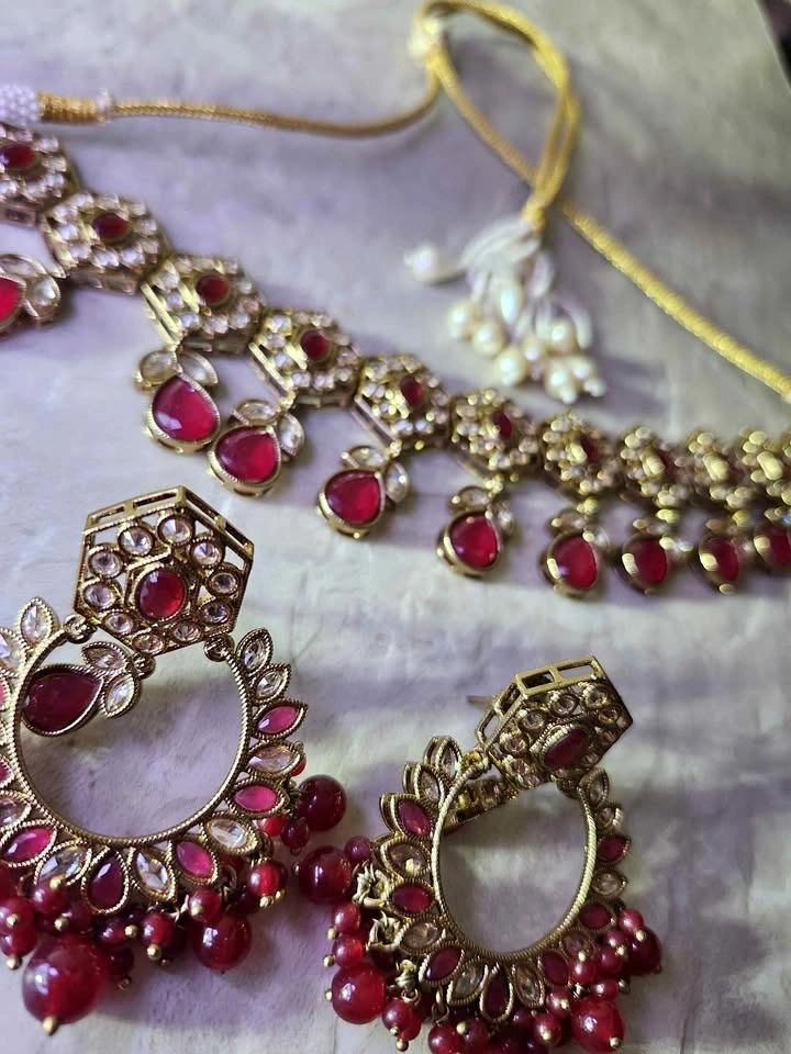 Indian Kundan Jewelry Set with Red Stones
