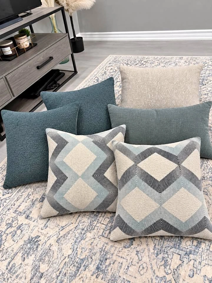 Set of 6 Decorative Throw Pillows – Blue, Grey & Cream