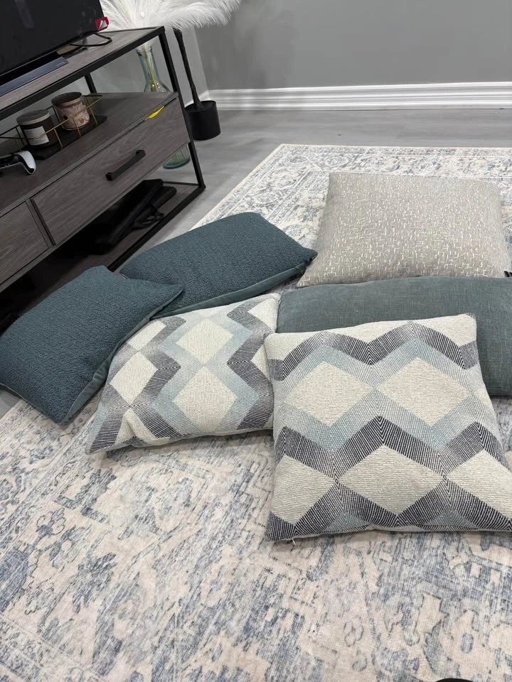 Set of 6 Decorative Throw Pillows – Blue, Grey & Cream - photo 2