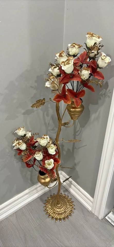 Gold Floral Floor Stand with Artificial Flowers – Home Décor