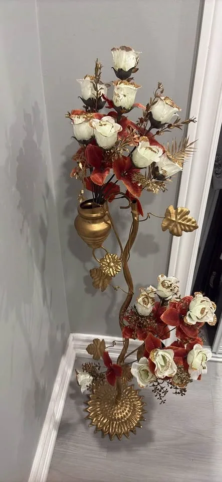 Gold Floral Floor Stand with Artificial Flowers – Home Décor - photo 2