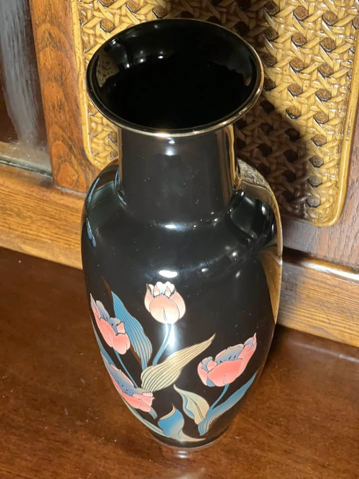 Vintage Japanese Black Ceramic Tulip Vase – 11" Art Pottery 🏈 - photo 2