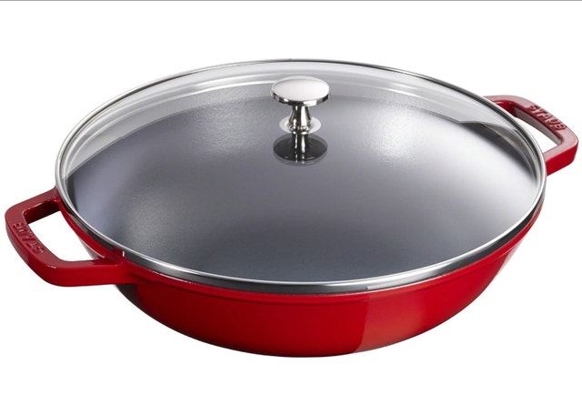 STAUB 30 cm 12 inch Cast Iron Wok with Glass Lid, Cherry