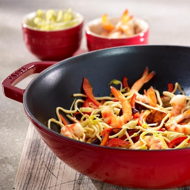 STAUB 30 cm 12 inch Cast Iron Wok with Glass Lid, Cherry - photo 2