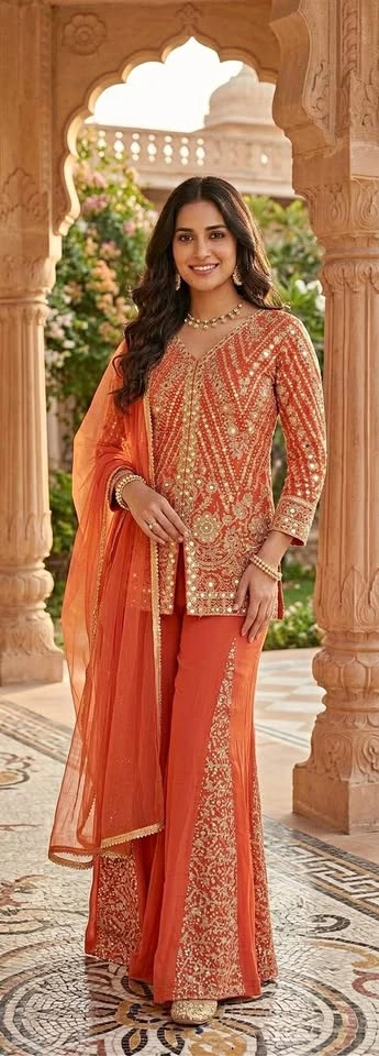 Embroidered Rust Sharara Set