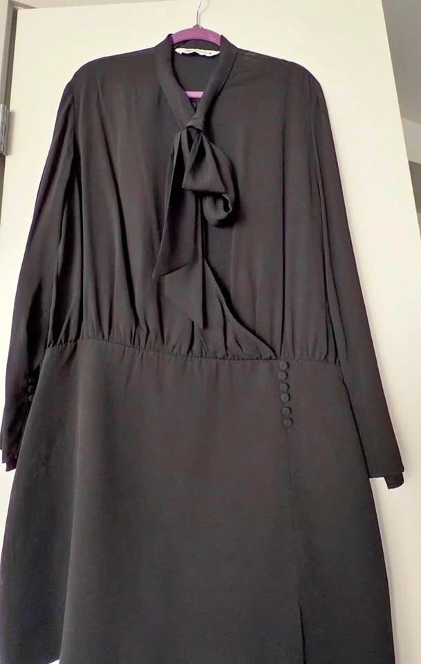 Zara Black Tie-Neck Long Sleeve Blouson Dress
