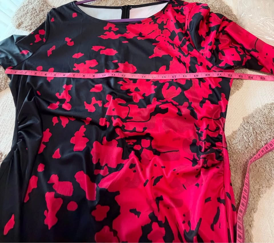Black and Red Abstract Print Long Sleeve Ruched Dress - photo 5