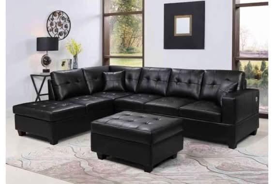 Black Leather Sectional Sofa with Ottoman