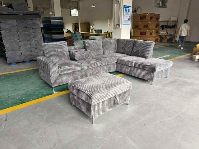 Grey Corduroy Sectional Sofa with Ottoman