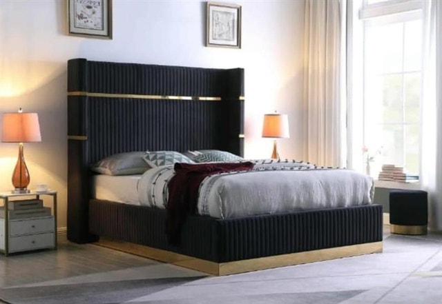 Modern Black Velvet Upholstered Bed with Gold Accents