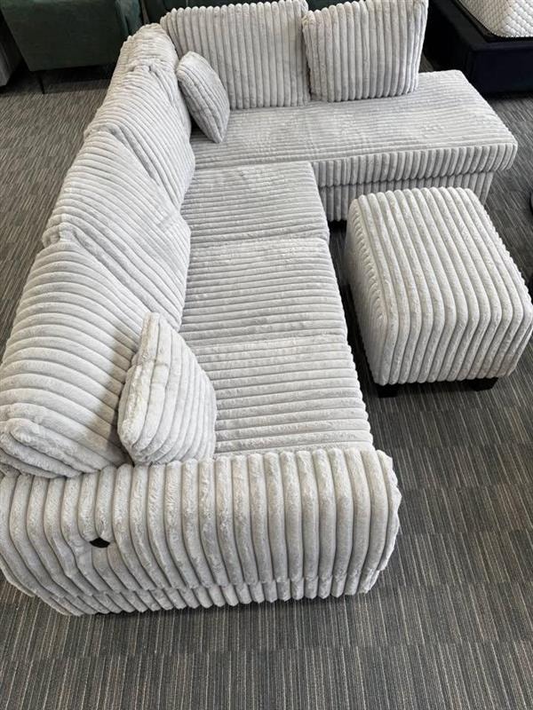 Grey Corduroy Sectional Sofa with Ottoman