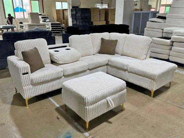 White Corduroy Sectional Sofa with Ottoman