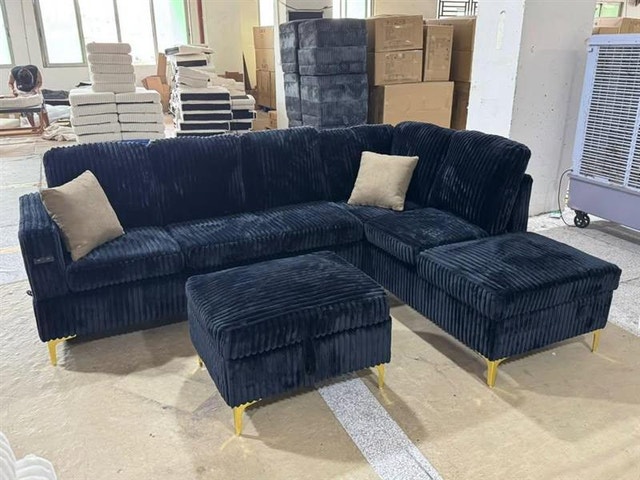 Navy Blue Corduroy Sectional Sofa with Ottoman