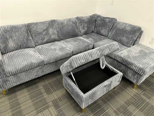 Grey Corduroy Sectional Sofa with Storage Ottoman