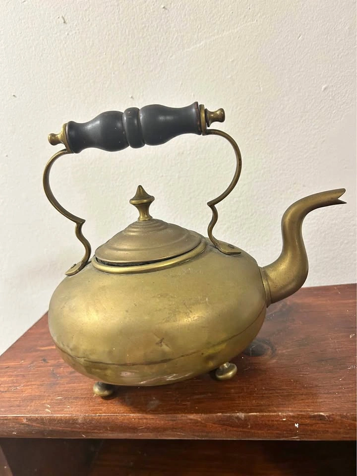 Vintage Brass Tea Kettle with Wooden Handle