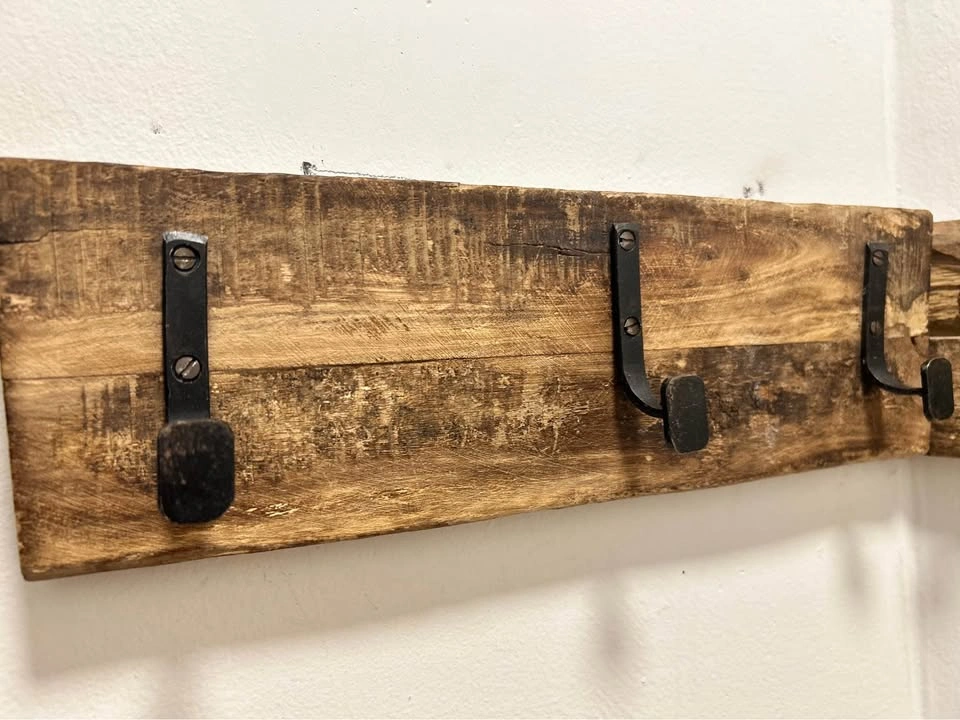 Rustic Wood Wall-Mounted Coat Rack with Metal Hooks - photo 2