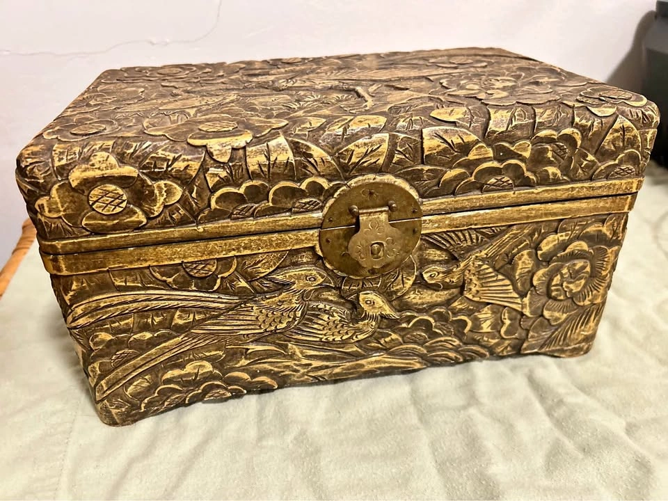 Vintage Carved Bird and Floral Decorative Box